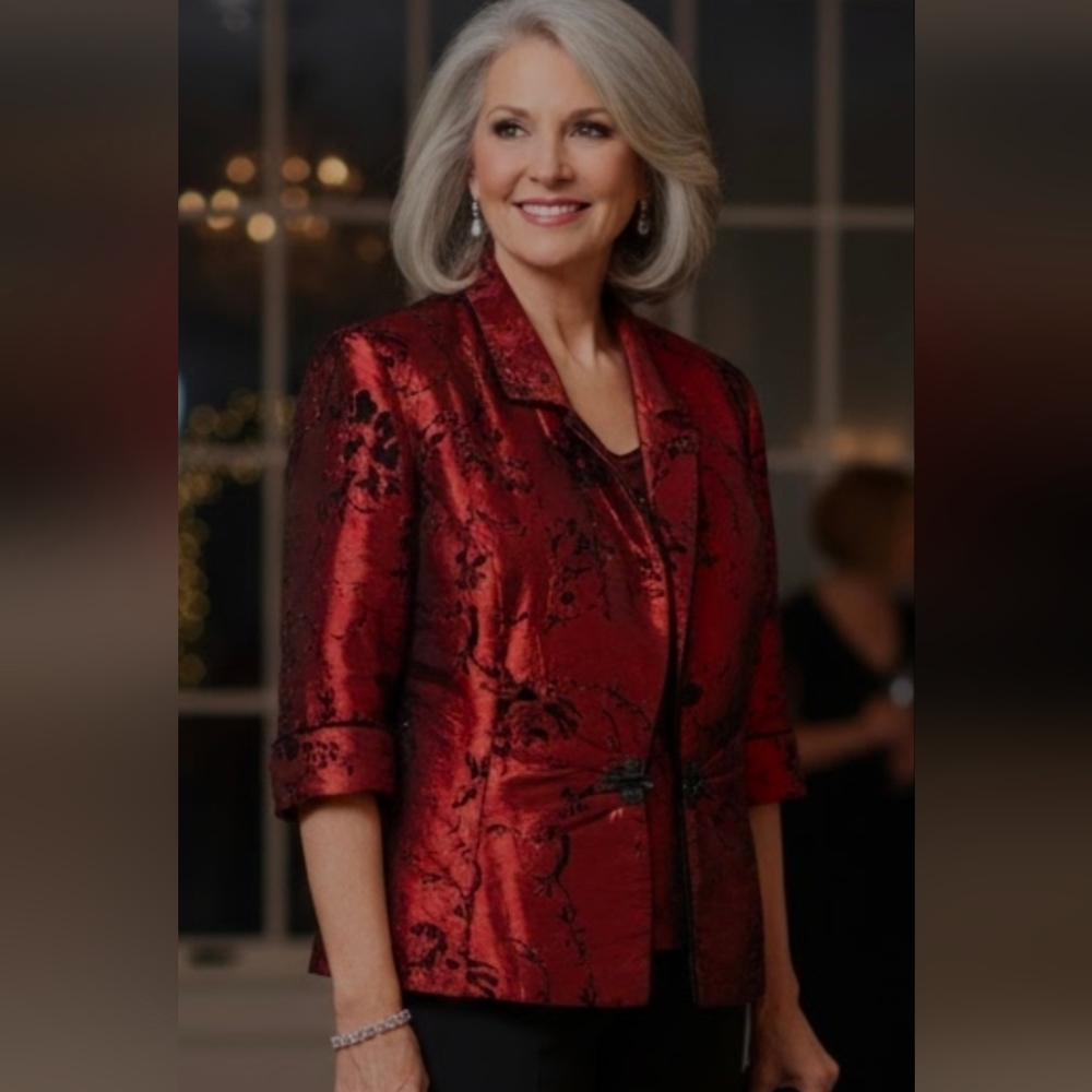 Alex Evenings Women's Rich Red Floral Blazer
